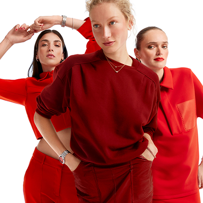 people shot, three female models in red dress with jewelry and watches in front of white background, wempe campaign, 2024, art direction by jutta schmid/bueroschmid